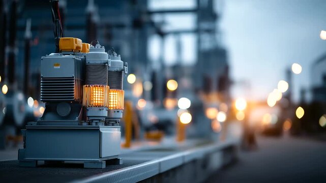 Modern electrical substation with transformer unit equipment defocused power facility background energy infrastructure scene utility system display electrical distribution