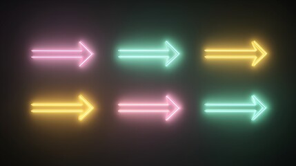 Neon Right Direction Arrow Icons Set in Green, Yellow and Pink colors on Dark Background, Glowing Direction Symbols