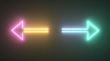 Two Neon Right and Left Direction Arrow Icons Set in Green and Pink colors on Dark Background, Glowing Direction Symbols