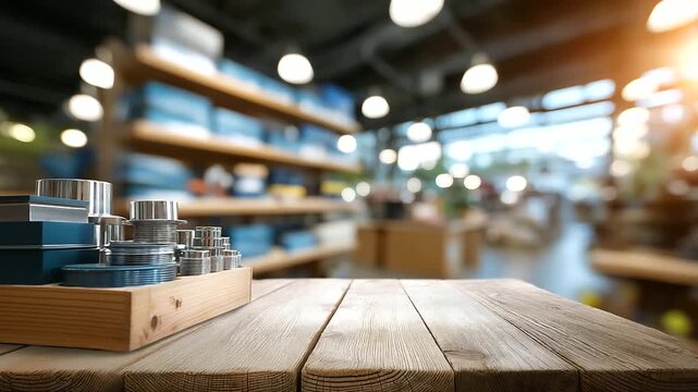 Empty wooden counter foreground with blurred automotive parts shop interior defocused shelves background filled with components tools boxes clean organized retail space