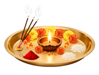 Hindu Festival Diwali Diya with Floral Rangoli on White Background