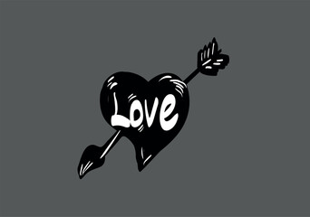 A heart with love word drawn black and white sketch