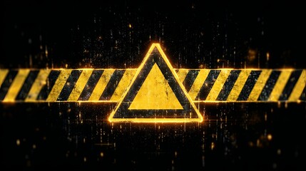 Glowing Warning Sign with Hazard Tape on Dark Background with Alert, and Attention Needed.