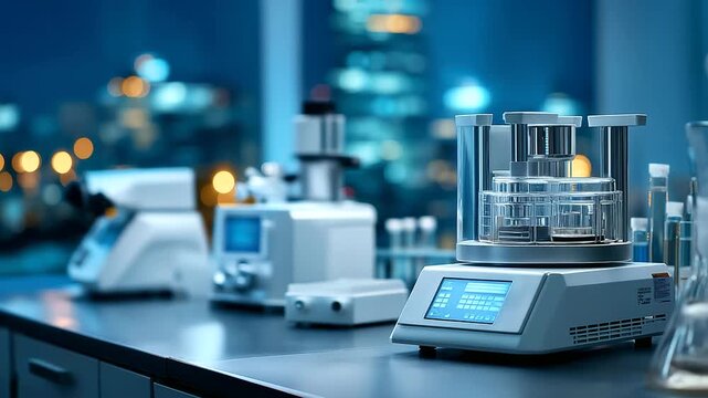 Laboratory automation equipment display defocused scientific background automated testing scene research technology moment medical facility visualization with copy space