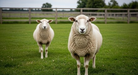 Fototapeta premium Two sheep standing in a green pasture.