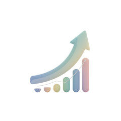 3D cut-out illustration of a financial growth chart with upward arrow, minimal design pastel colors, white isolated background, modern business concept.