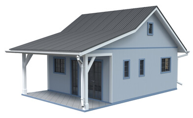 Light blue small cottage with porch, glass doors and grey roof. 3d illustration transparent background