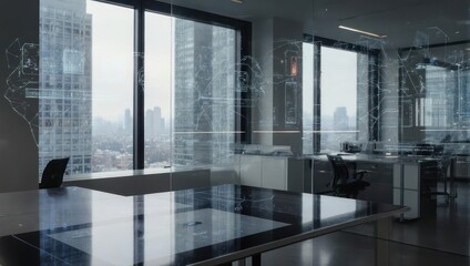 Modern Office Interior with Cityscape View and Digital Overlays.