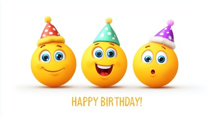 3D Happy Birthday Emoji Characters with Party Hats for Celebrations