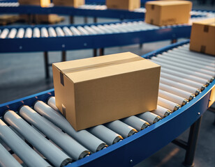 Warehouse conveyor system moves packages in a logistics facility during daytime operations