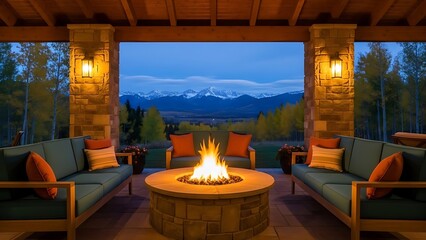A central octagonal stone fire pit with a vibrant blazing fire, surrounded by a symmetrical arrangement of plush outdoor sofas.
