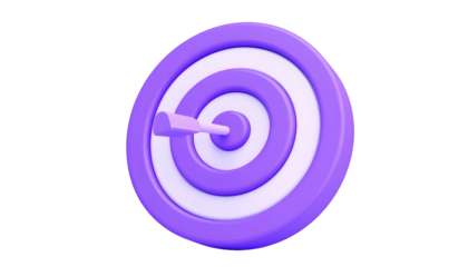 A 3D render of a purple and white bullseye with a dart at its center, isolated against a black background, suggesting goal achievement