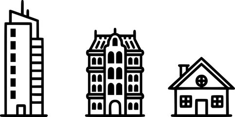 Black and white line art of three different buildings on a white background

