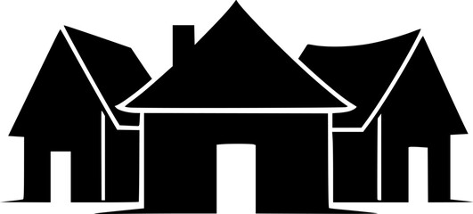 Black and white illustration of three charming houses on a white background
