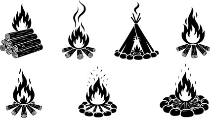 Hand-drawn campfire illustrations in black and white for outdoor and camping themes
