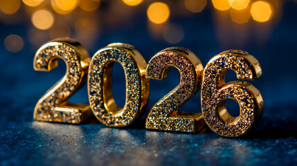 A set of golden numbers 2026 with a glittery texture placed on a dark blue background with bokeh light effects