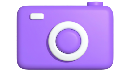A 3D render of a purple camera, with white lens and flash, on a black background, representing photography and visual media