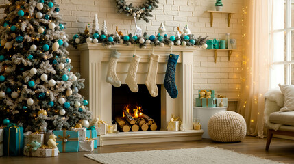 A cozy living room with a Christmas tree fireplace and presents