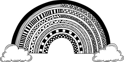 Hand-drawn black and white rainbow illustrations on a white background
