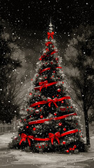 A black and white Christmas tree with red ribbons and ornaments