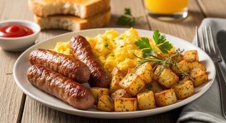 Breakfast Plate with Sausages and Hash Browns.