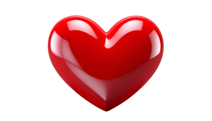 A 3D render of a vibrant, glossy red heart against a stark black backdrop. Smooth, curved surfaces create a realistic sheen