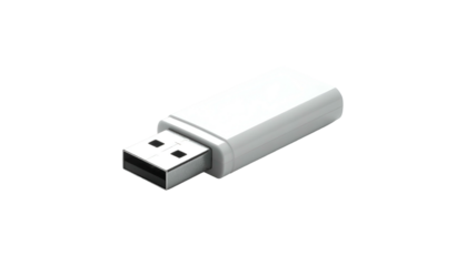 A 3D render of a white, rectangular, USB flash drive, angled slightly to the right, on a black background