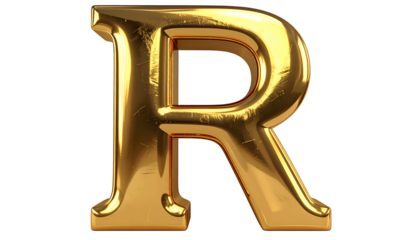 A 3D render of the letter "R" is displayed, showcasing a gold, reflective surface with texture. It's isolated on a black background