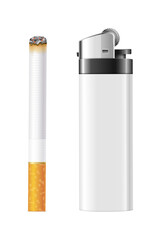 Realistic lit cigarette and white lighter set isolated, unhealthy smoking addiction concept and bad habit, 3d vector illustration transparent background