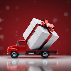 Delivery truck carries large gift on a red background during festive season