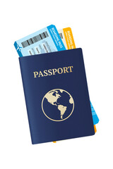 Blue passport with airline boarding pass tickets for international travel vacation, tourism concept and business trip journey, vector illustration isolated on transparent background © Dazz