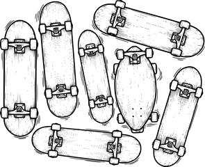 Engraved illustration of skateboards in a top-down view on a white background
