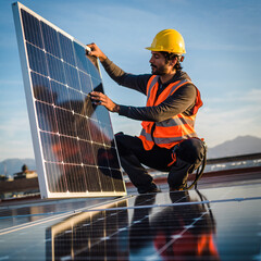 Worker installs solar panel on rooftop during sunset in a city