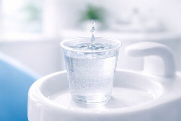 A Clear Glass Filled with Refreshing Water on a White Surface, Highlighting the Droplet Splashing into the Calm Liquid Surface