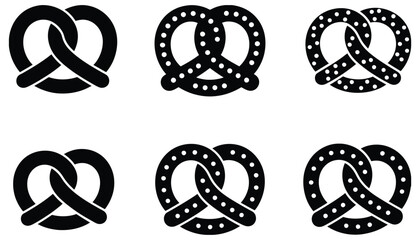 Set of minimalist black pretzel bakery snack silhouette icons, vector illustration for food branding, bakery menus, snack packaging, café signage, culinary identity, and clean modern graphic design 