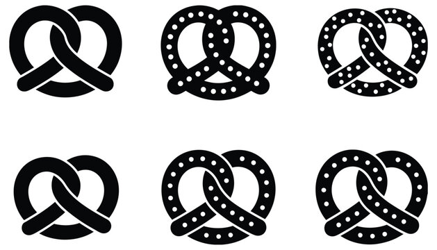 Set of minimalist black pretzel bakery snack silhouette icons, vector illustration for food branding, bakery menus, snack packaging, caf&eacute; signage, culinary identity, and clean modern graphic design 