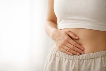Conceptual image of a woman experiencing abdominal pain and stomach discomfort, representing digestive health issues, gut problems, and healthcare awareness.