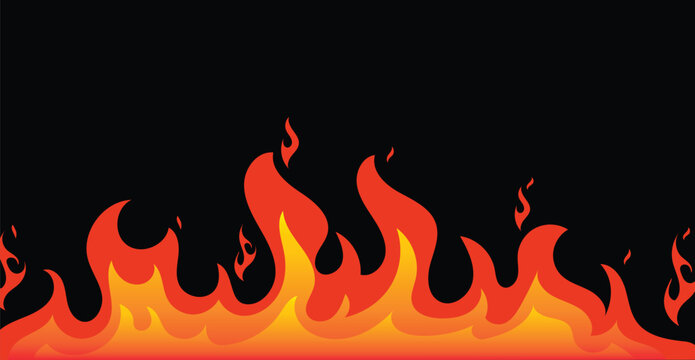 Black flame border forming a horizontal fiery frame with bright orange fire on top and bottom. Bold abstract illustration with central copy space for banners, posters, gaming graphics, marketing 
