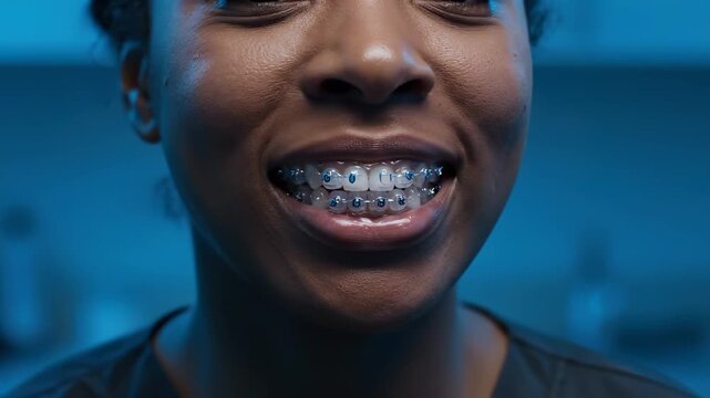 Person with blue dental braces smiles showing orthodontic teeth treatment. Patient displays blue braces during dental care. Person shows orthodontic brackets with smile. Blue braces on teeth.