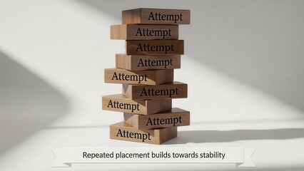 Wooden Blocks Stacked With Attempt Repeatedly Builds Stability