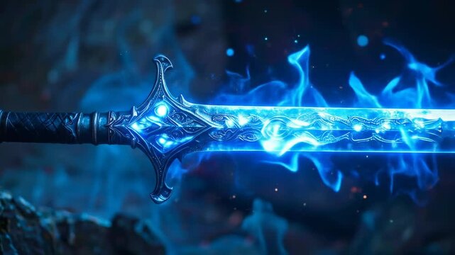 Mystical glowing sword with intricate designs, radiating a powerful and magical aura.