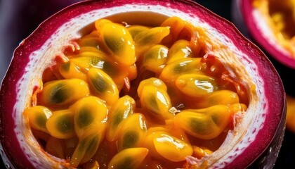 Exotic Passion Fruit - A Vibrant Close-Up of Juicy Seeds and Pulp.