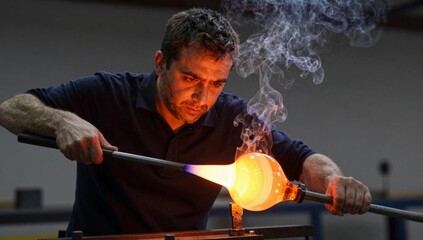 Skilled craftsman shaping molten glass with intense heat and smoke glassblower