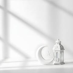 Minimal white Ramadan background with lantern and crescent moon
