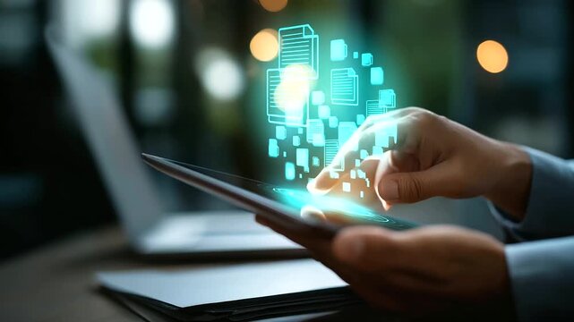 Document management concept checking electronic files on digital system defocused virtual screen background process automation efficiently paperless operate workflow