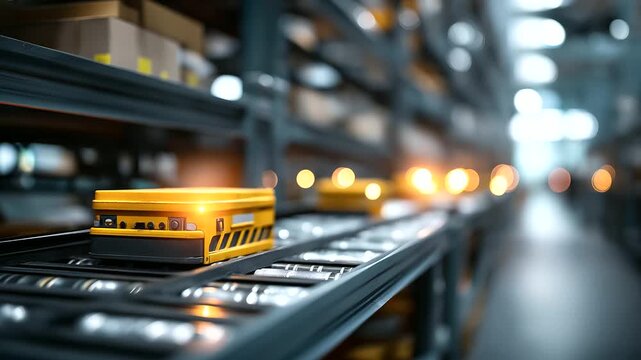 Electronic commerce warehouse distribution facility with robotic equipment defocused automated storage background logistics technology scene supply chain automation moment with