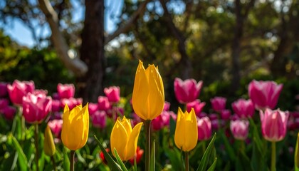Vibrant Tulips in Blooming Garden Scene.
