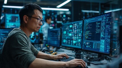Focused Asian IT Specialist Coding with Monitoring Server Data on Computer Screen Tech Office.