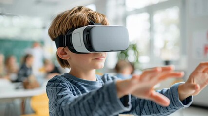 Young boy engaging with virtual reality in a classroom setting - Powered by Adobe