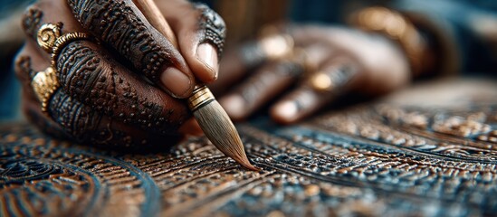 Close-up of ornate hands adorned with henna art and jewelry, crafting detail
